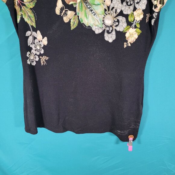 Ted Baker Floral Print Black Short Sleeve Top Size 3 - Picture 5 of 9